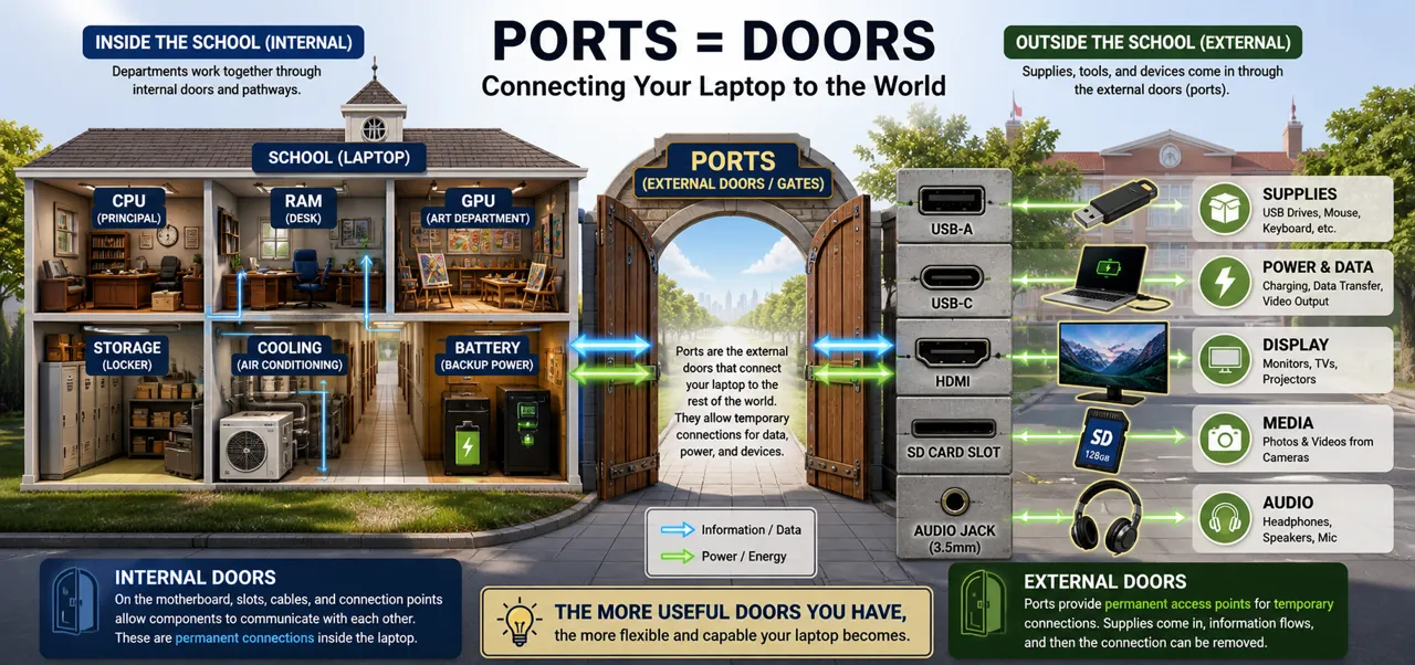 Illustration showing laptop ports as doors connecting internal components to external devices using a school analogy