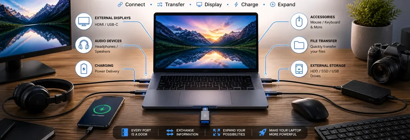 Laptop connected to multiple devices showing how ports allow charging, file transfer, external displays and accessories