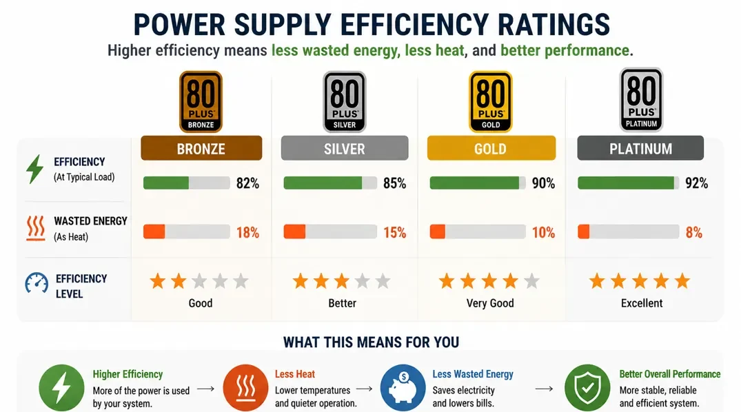 Power supply efficiency levels showing Bronze, Silver, Gold, and Platinum with energy loss and efficiency comparison