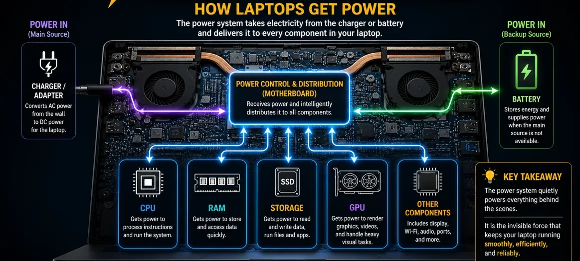 Laptop power system diagram showing charger, battery, motherboard, and components receiving power