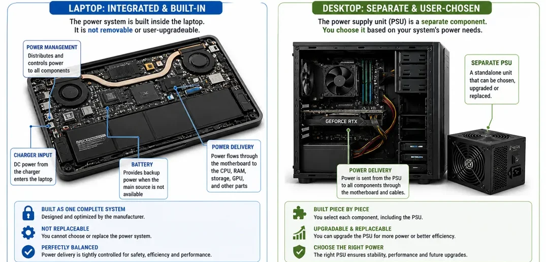 Comparison of laptop integrated power system vs desktop PSU showing fixed vs upgradeable power design