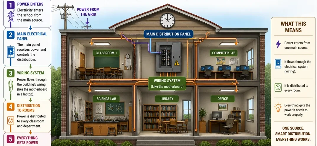 School electrical system analogy showing power flowing from a central source through wiring to different rooms