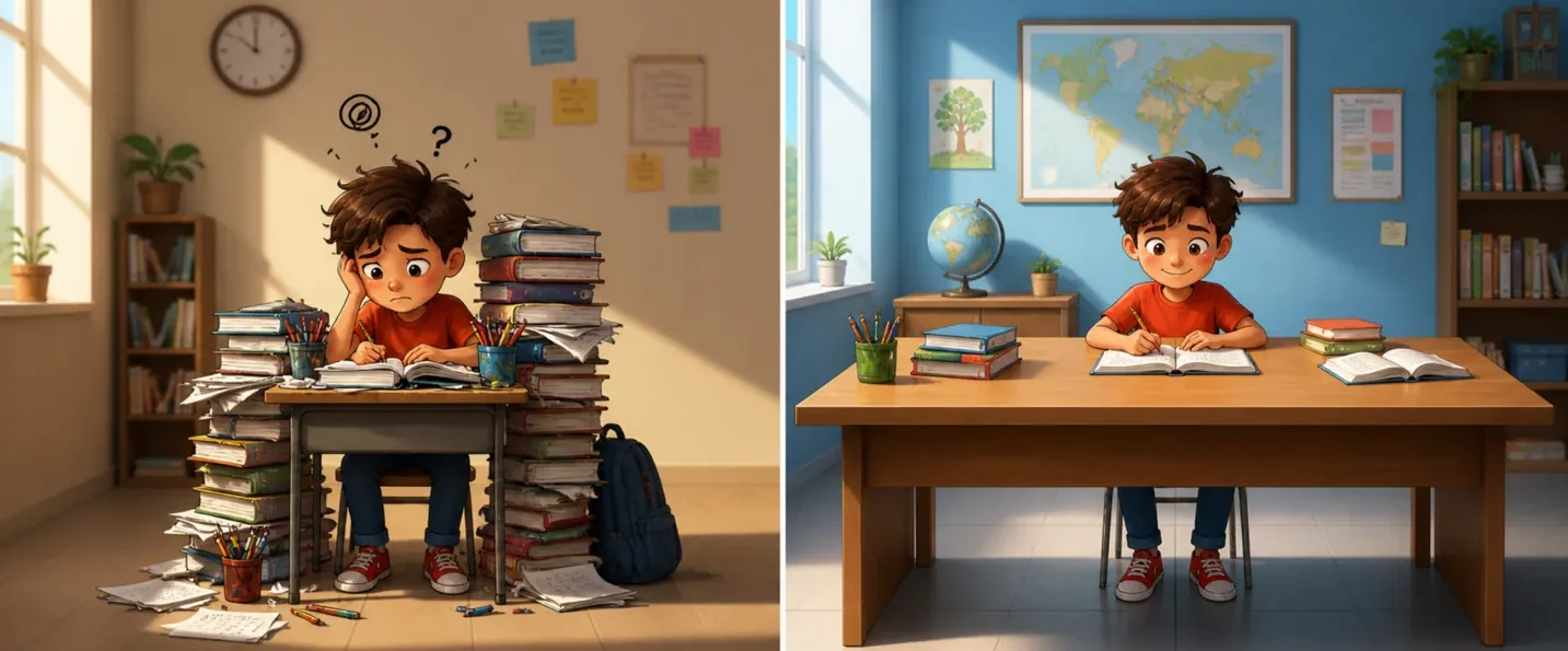 Child with small cluttered desk vs large organized desk representing RAM capacity