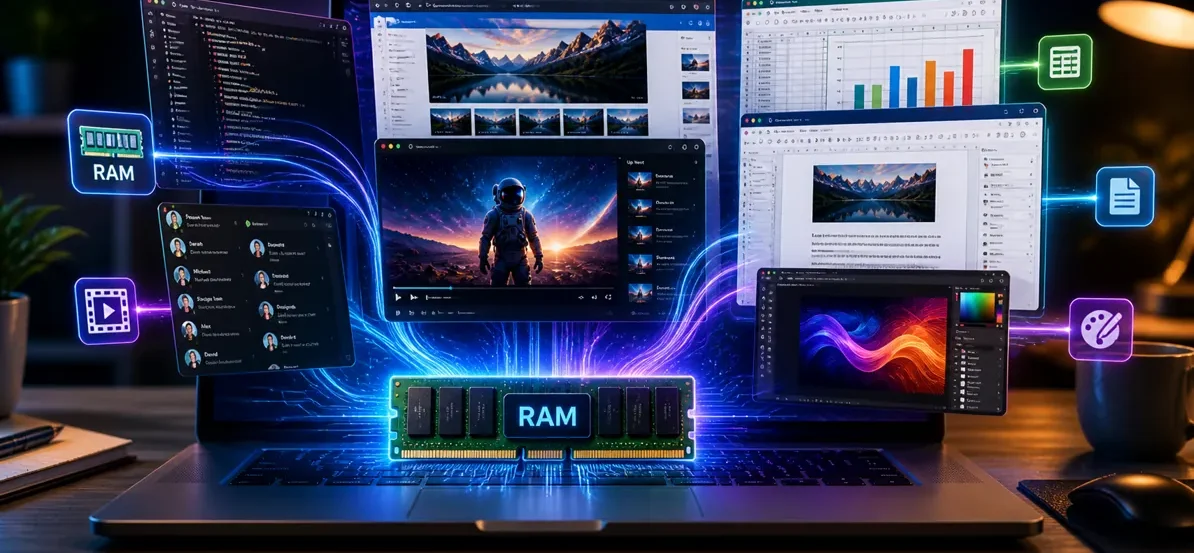 Laptop showing multiple active apps connected to RAM representing working memory