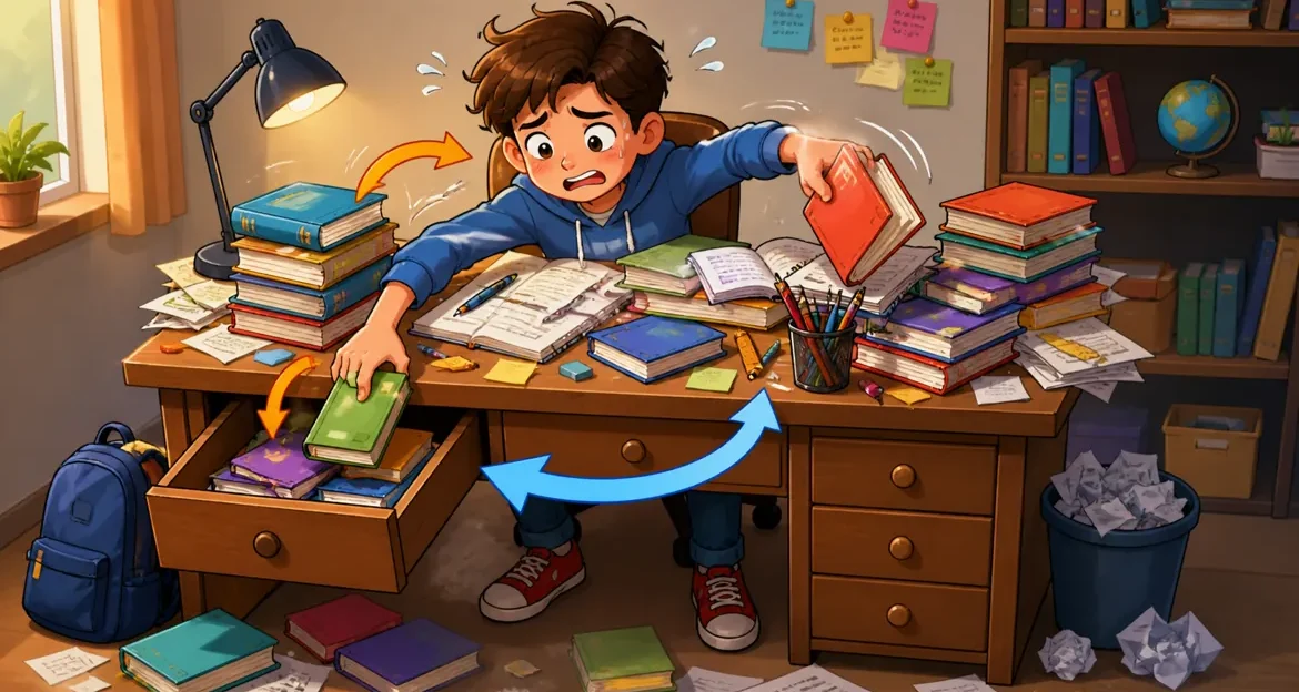 Student moving books between desk and drawer illustrating memory swapping