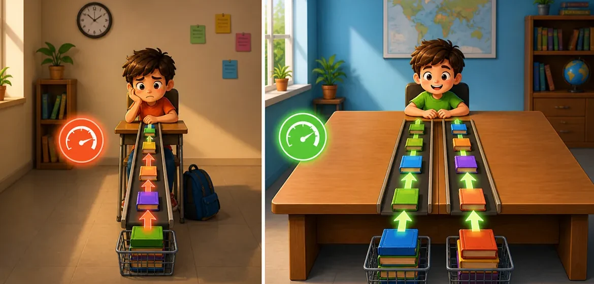 Small desk with one book lane vs large desk with two lanes showing RAM channel difference