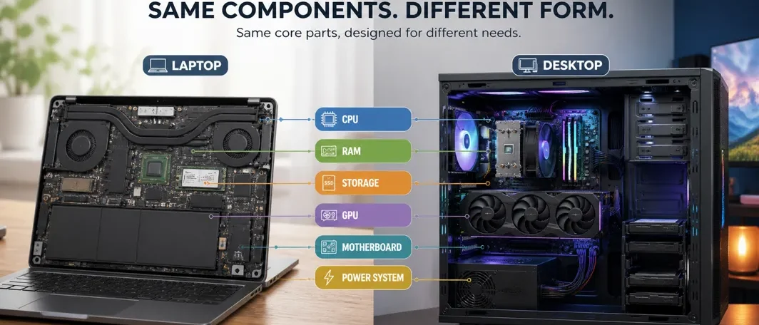Laptop vs desktop internal components comparison showing same hardware in compact laptop and modular desktop layout