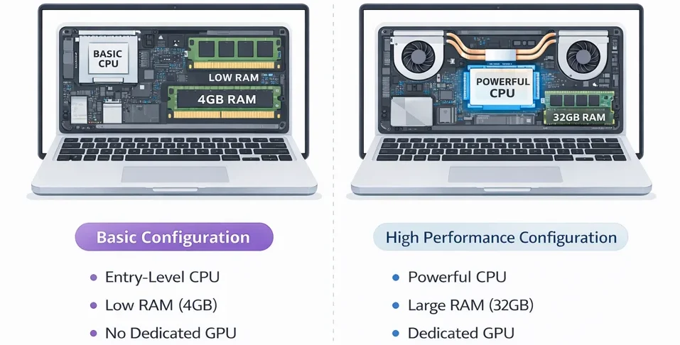 Two identical laptops on the outside showing different internal configurations and performance levels