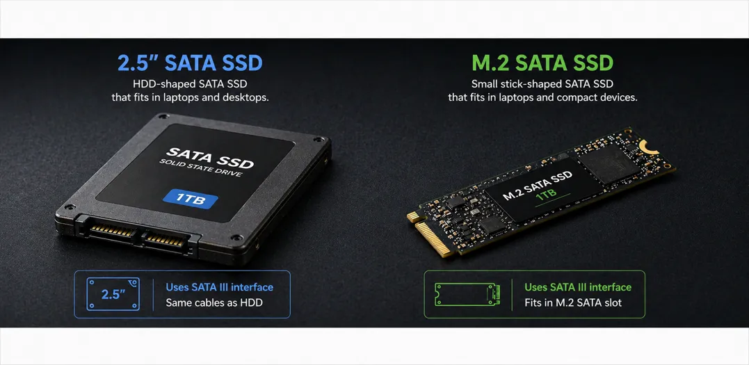 2.5 inch sata ssd and m.2 sata ssd comparison showing different physical forms of solid state drives