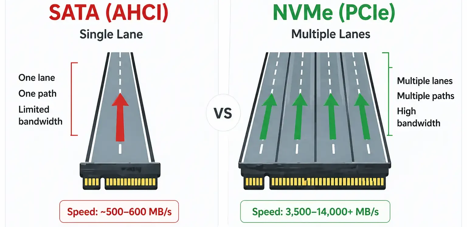 SATA vs NVMe comparison showing single data lane versus multiple lanes for faster data transfer