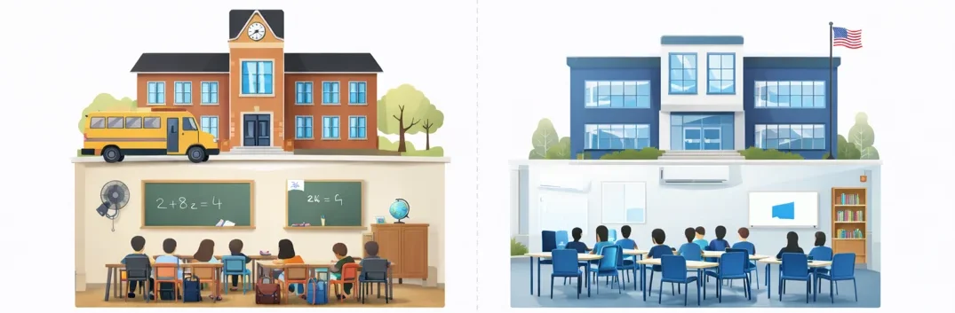 Comparison of two schools showing a basic classroom versus a modern well equipped classroom with students