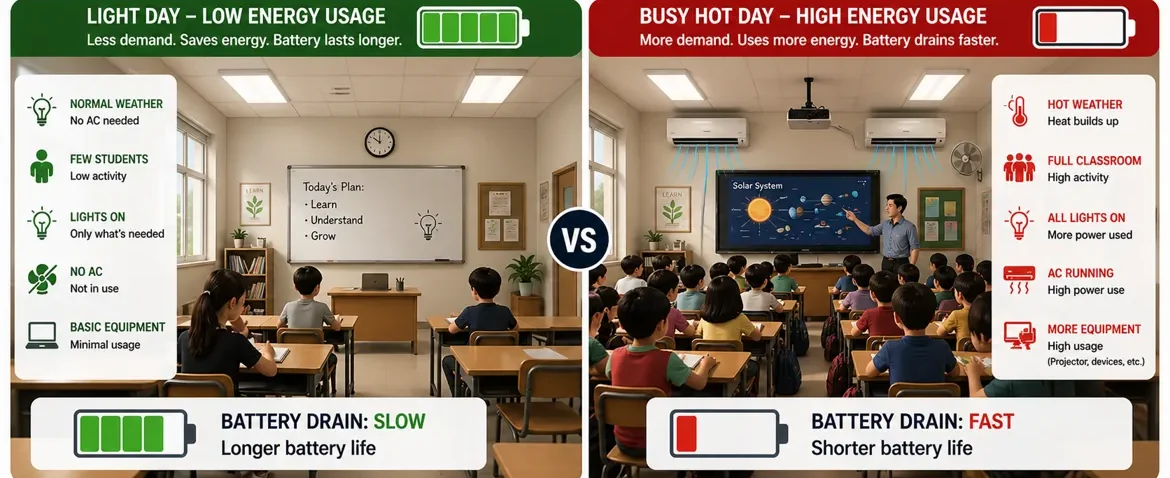 Classroom energy usage comparison showing low vs high power demand and its effect on battery life