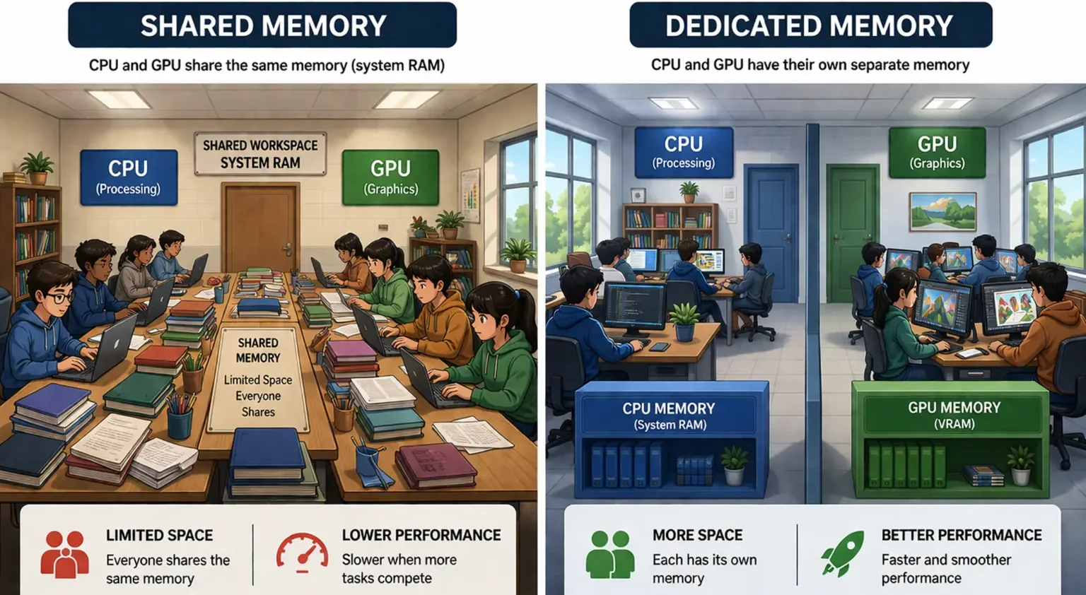 Comparison of shared memory and dedicated memory showing CPU and GPU sharing RAM versus using separate VRAM