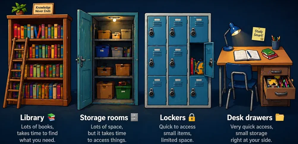 library storage room lockers and desk drawers comparison showing different storage types analogy