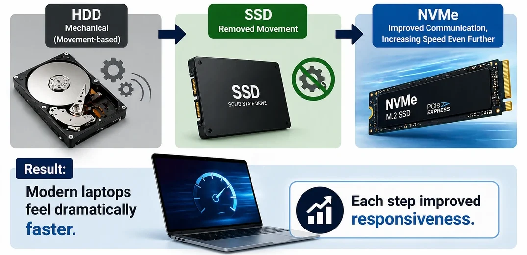 storage evolution from hdd to ssd to nvme showing increasing speed and responsiveness