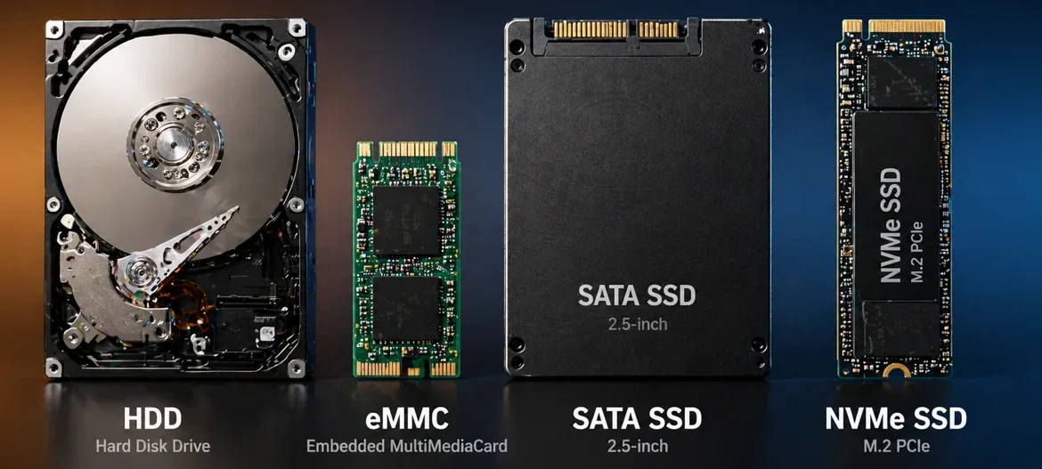 comparison of hdd emmc sata ssd and nvme ssd storage types shown side by side