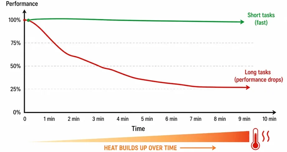 Graph showing laptop performance staying high for short tasks but dropping over time during long workloads