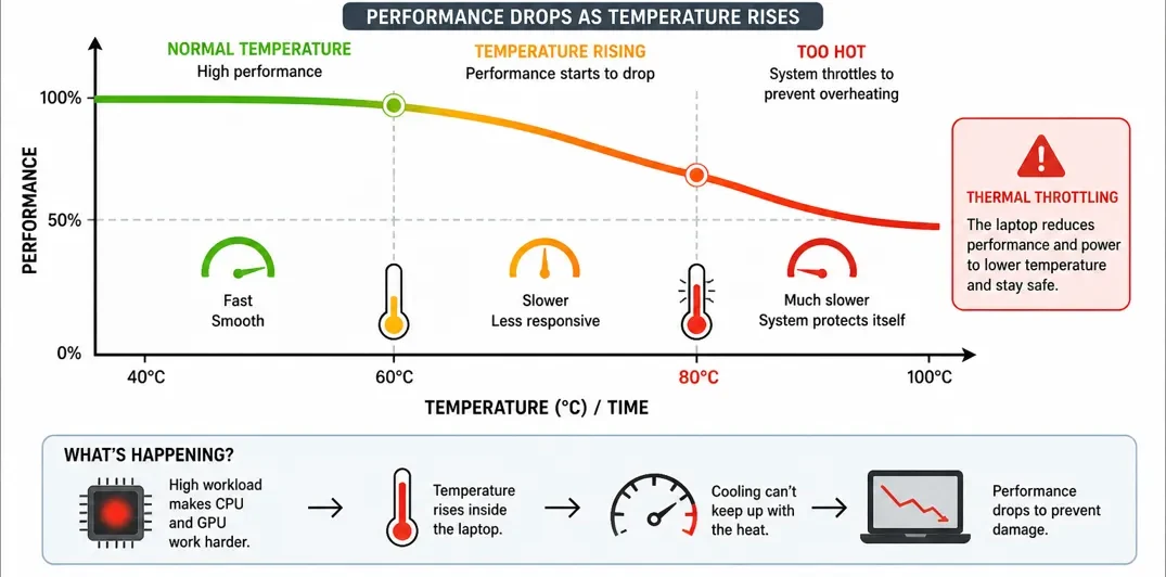 Graph showing laptop performance decreasing as temperature increases due to thermal throttling