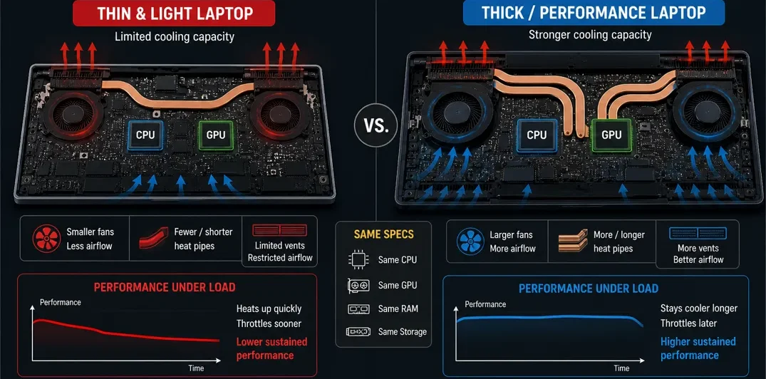 Comparison of thin laptop vs thick performance laptop cooling systems and airflow differences
