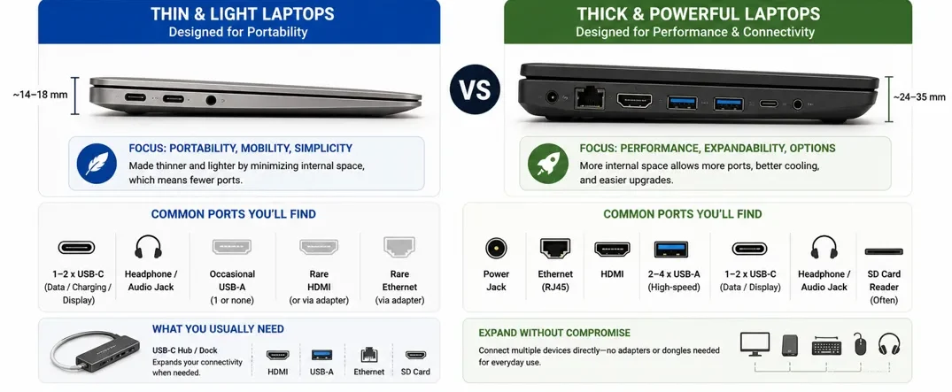 Comparison between thin and thick laptops showing fewer ports versus more connectivity options