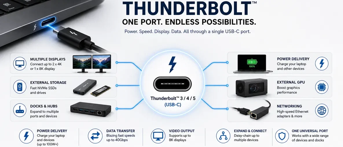 Thunderbolt port showing connection to multiple devices including monitors, storage, and external GPU
