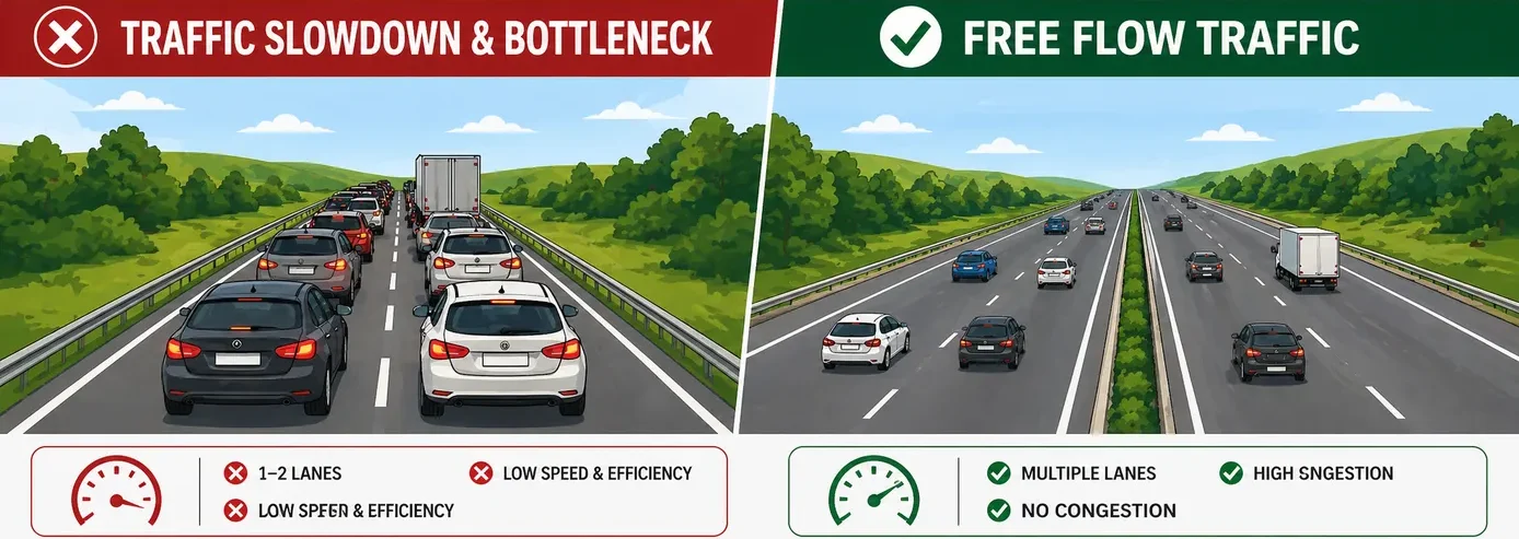 Traffic bottleneck vs free flow comparison showing limited lanes causing congestion versus multiple lanes allowing smooth high-speed data transfer