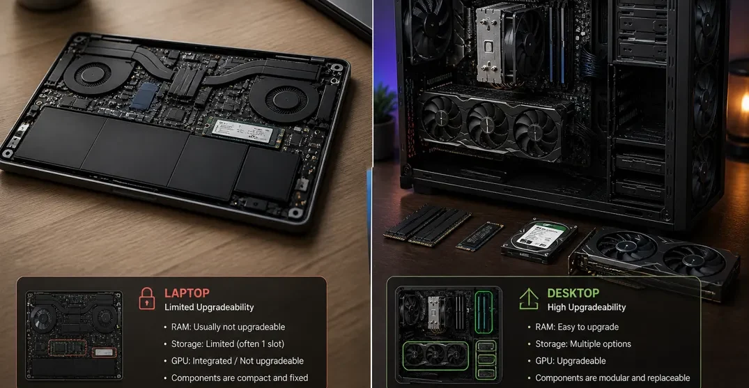Laptop vs desktop upgradeability comparison showing fixed laptop components and modular desktop parts