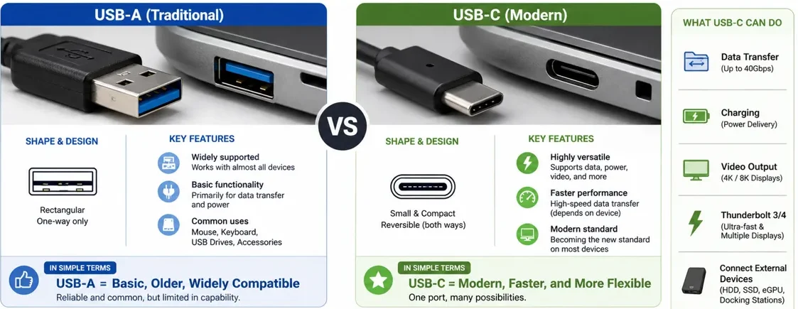 Comparison between USB-A and USB-C ports showing differences in design, functionality, and capabilities