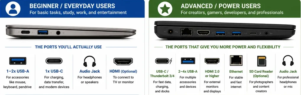 Guide showing what ports are needed on a laptop for beginners versus advanced users