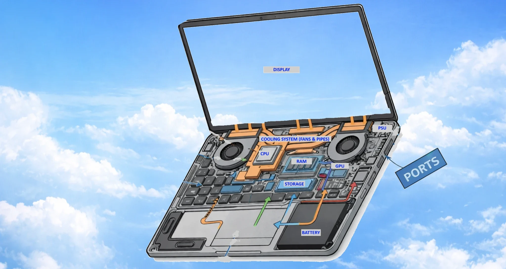 Diagram showing the main components inside a Windows laptop including CPU RAM GPU storage and battery