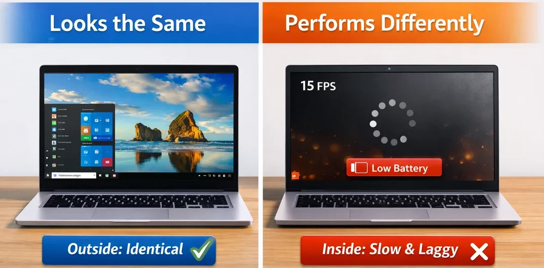 Windows laptops that look identical but perform differently due to internal components