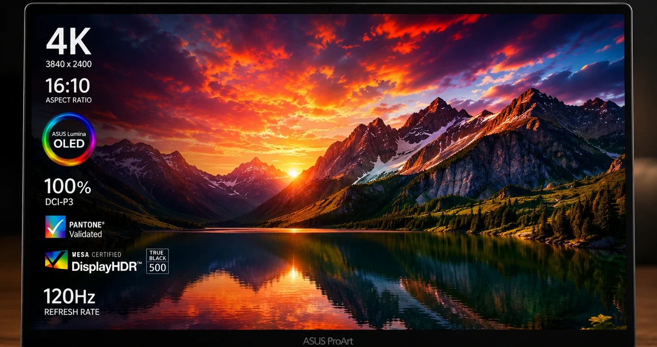 ASUS ProArt P16 4K OLED display showing creator-focused color accuracy and HDR performance