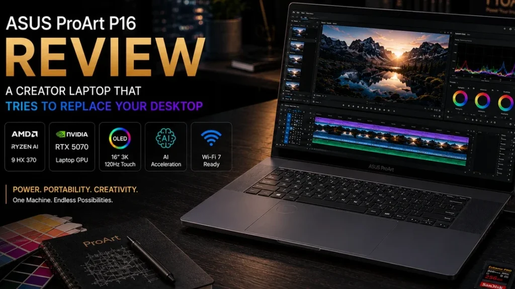 ASUS ProArt P16 review hero image showing creator laptop with video editing workflow and RTX-powered creator setup