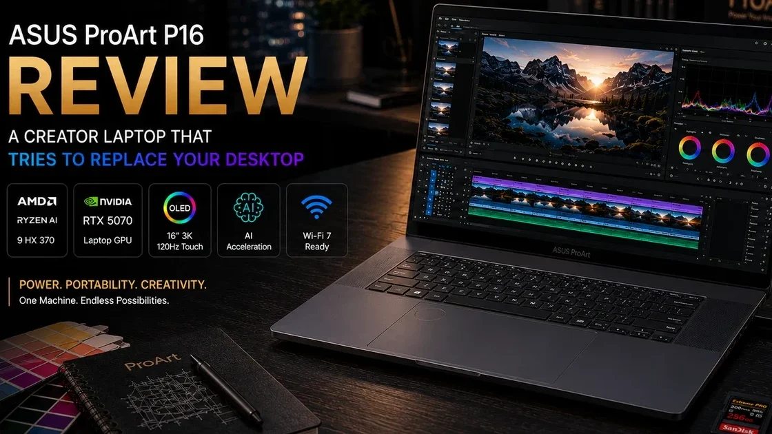 ASUS ProArt P16 review hero image showing creator laptop with video editing workflow and RTX-powered creator setup