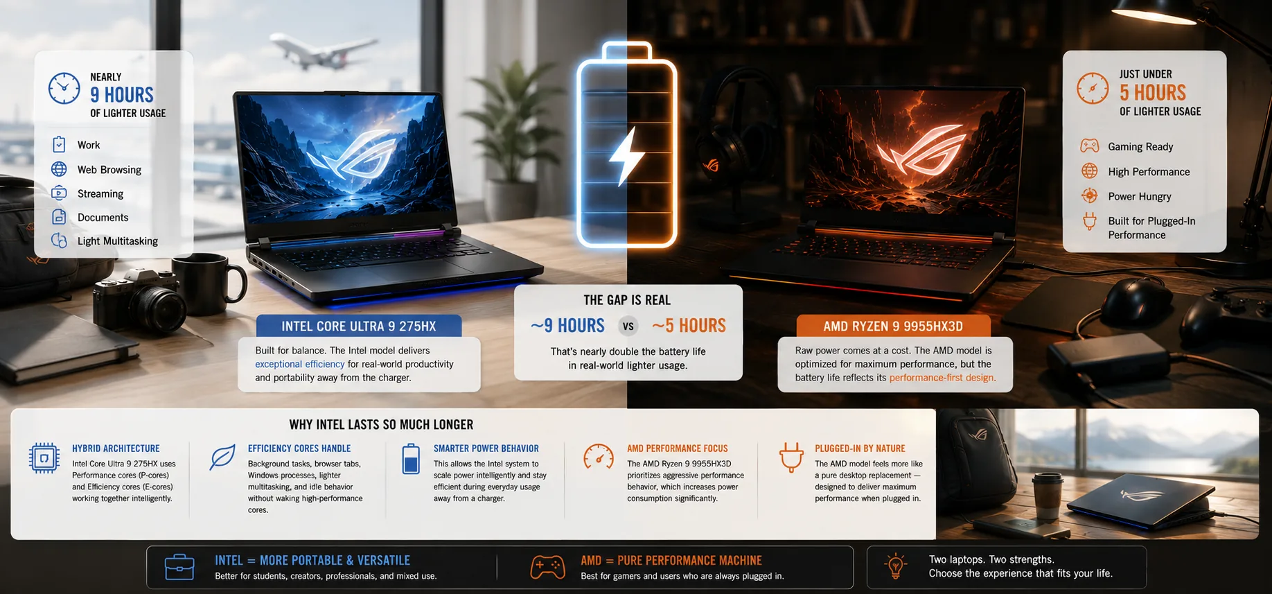 ASUS ROG Strix G16 Intel vs AMD battery life comparison in a bright ultrawide editorial gaming setup
