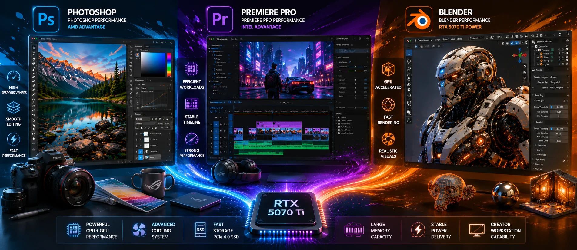 Cartoon illustration comparing Photoshop, Premiere Pro and Blender creator workloads on ASUS ROG Strix G16 hardware with RTX 5070 Ti graphics