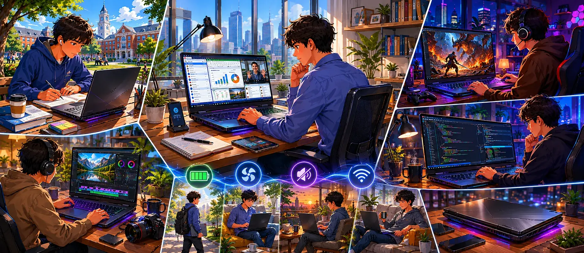 Cartoon illustration showing the ASUS ROG Strix G16 used for studying, office work, programming, content creation and gaming throughout a typical day