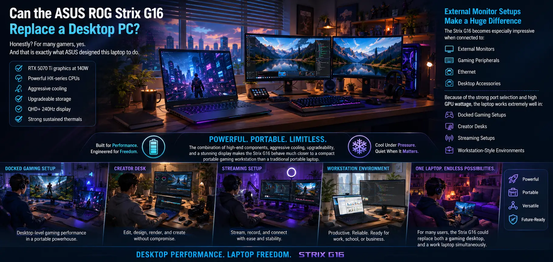 Ultrawide illustration showing the ASUS ROG Strix G16 replacing a gaming desktop through multi-monitor, creator, streaming and workstation setups