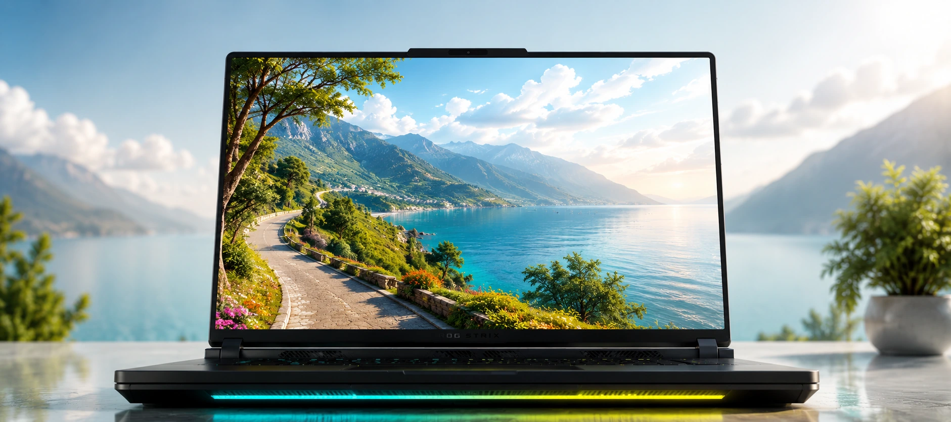 ASUS ROG Strix G16 display showcase with vibrant Mediterranean coastal wallpaper and bright daylight scenery
