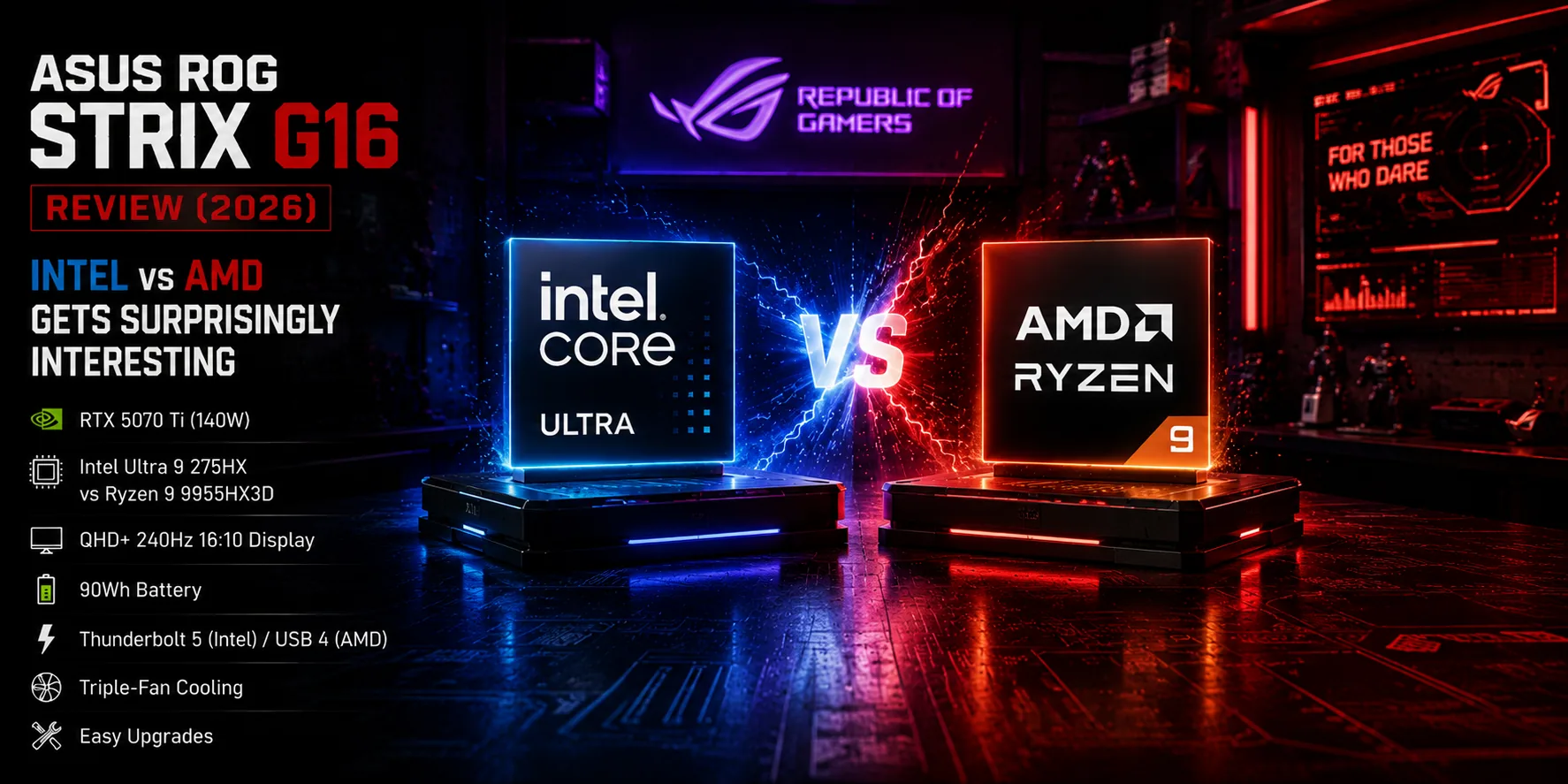 ASUS ROG Strix G16 Intel vs AMD gaming performance comparison image with neon cyberpunk style