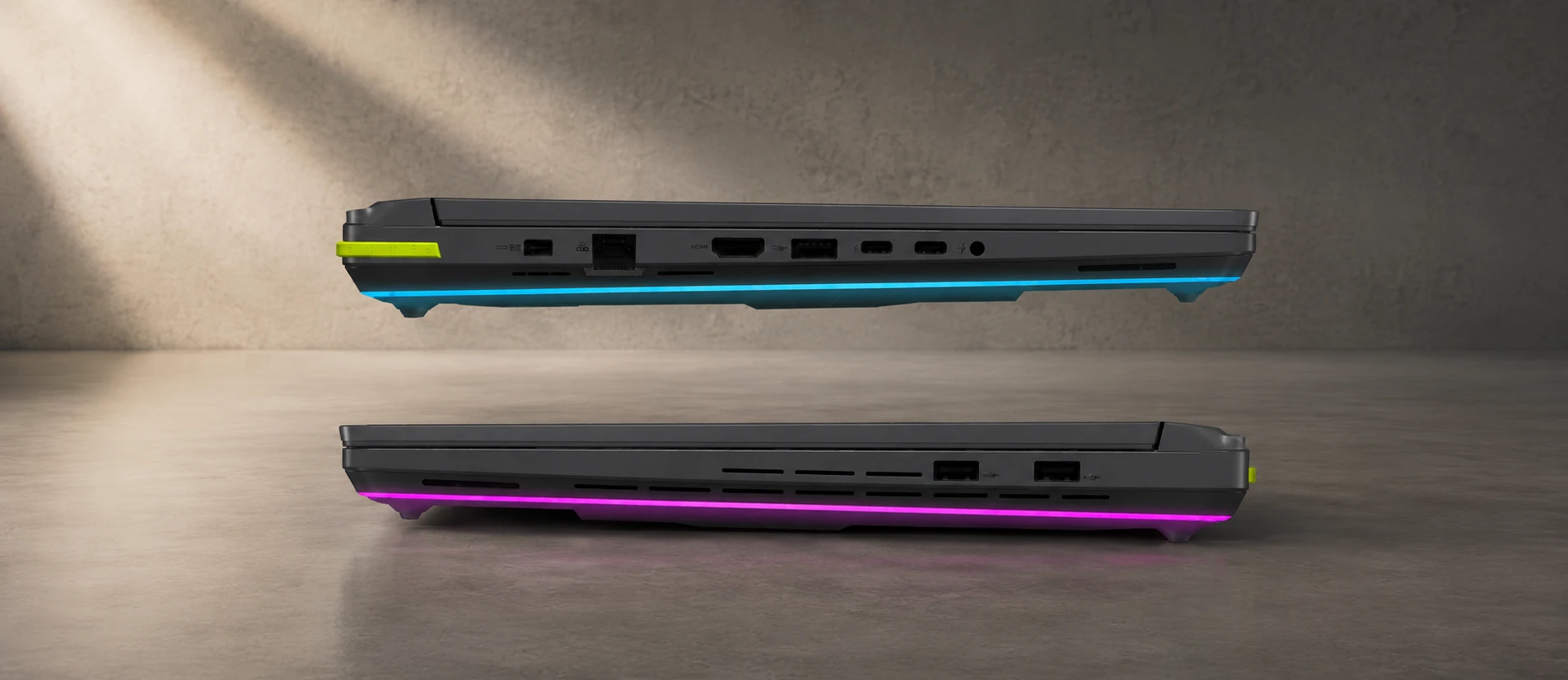 ASUS ROG Strix G16 side profile ports and connectivity comparison showing USB, HDMI, Ethernet and cooling vent layouts