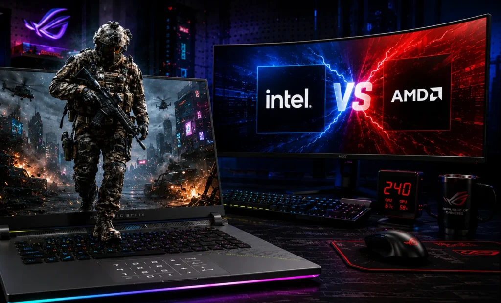 ASUS ROG Strix G16 gaming laptop review hero image showing Intel vs AMD comparison with RTX 5070 Ti performance setup