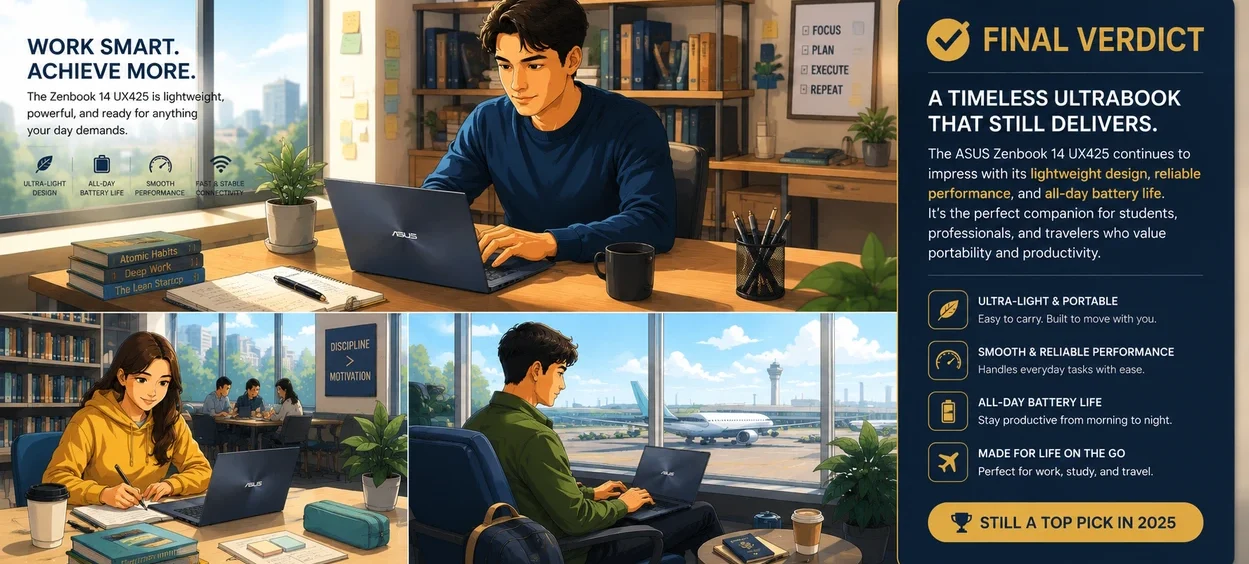 Illustrated ASUS Zenbook 14 UX425 lifestyle collage for students business users and travelers