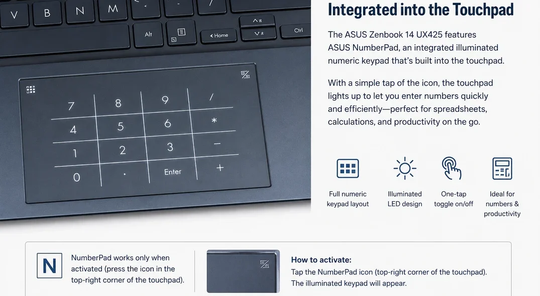 ASUS Zenbook 14 UX425 illuminated NumberPad integrated into the touchpad