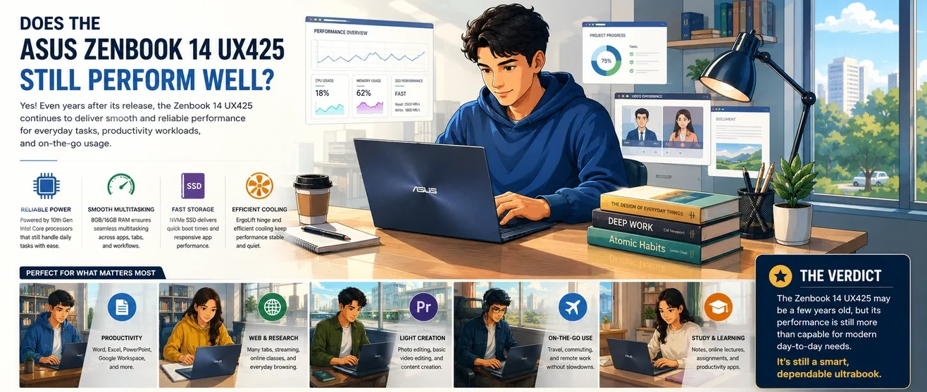 Illustrated ASUS Zenbook 14 UX425 productivity and performance infographic