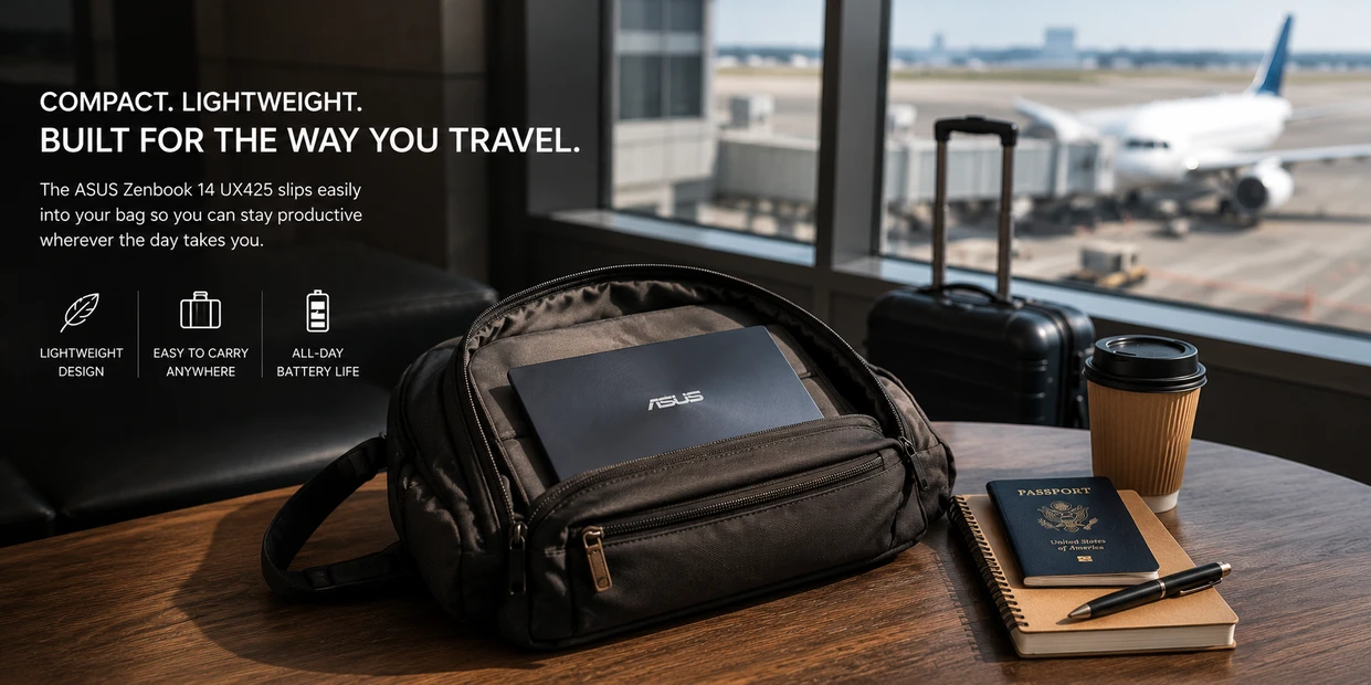 ASUS Zenbook 14 UX425 compact lightweight travel laptop in airport lounge