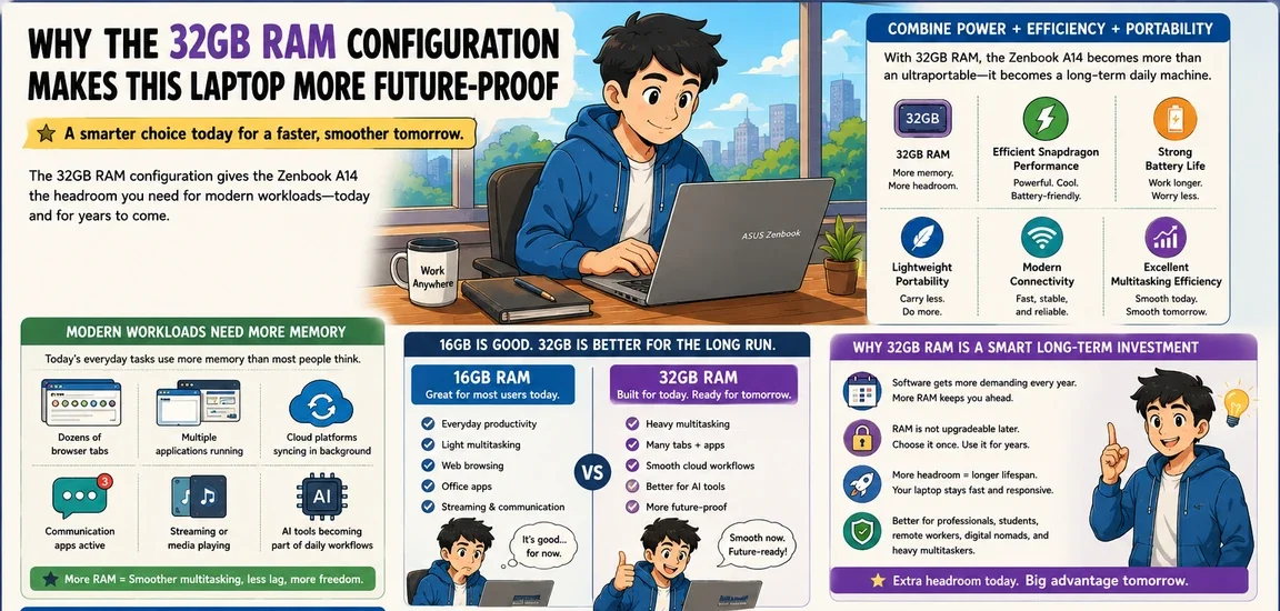 Cartoon-style infographic explaining why the 32GB RAM ASUS Zenbook A14 is better for multitasking, future-proofing, and long-term everyday use