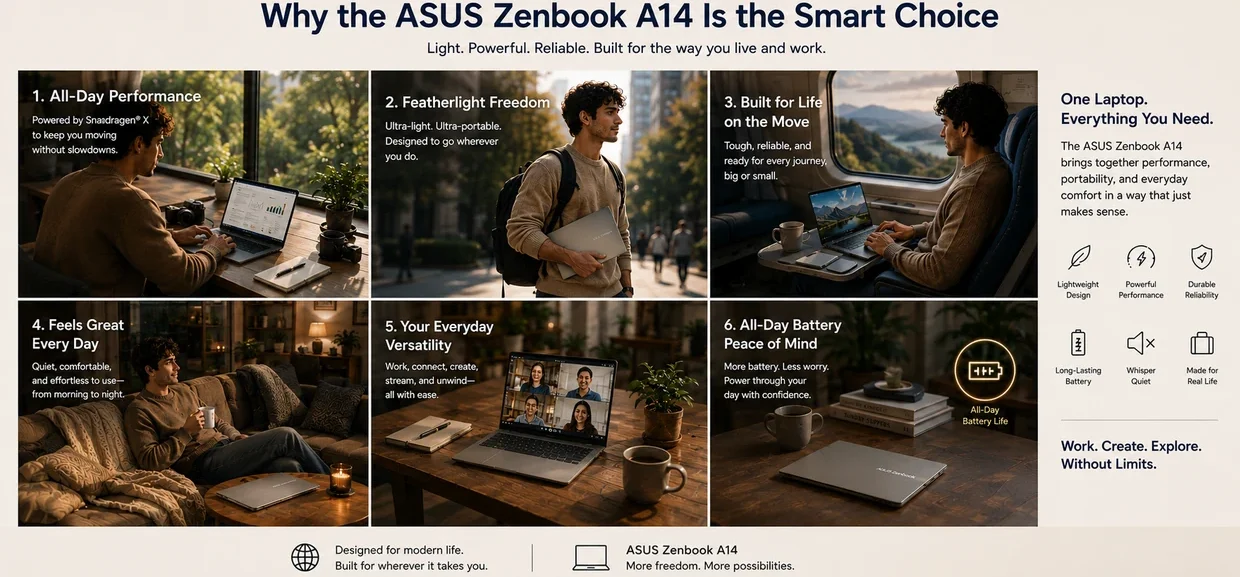 ASUS Zenbook A14 being used in multiple real-world travel and everyday mobility situations including commuting, remote work, and relaxed daily use