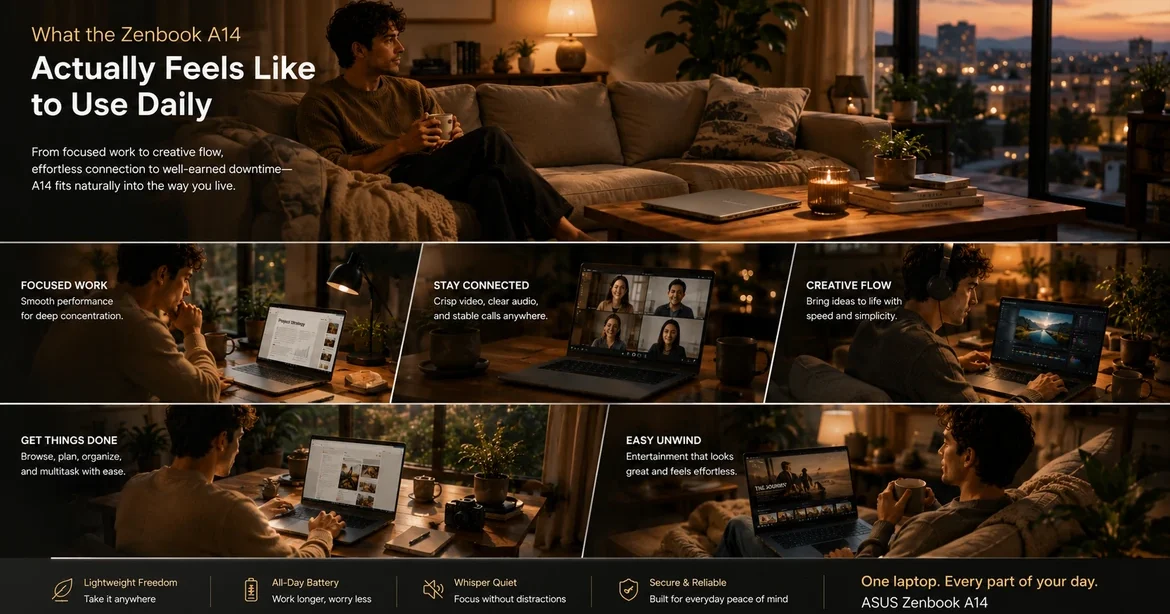 ASUS Zenbook A14 being used throughout daily work, multitasking, video calls, and evening relaxation