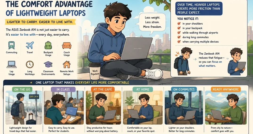 Cartoon-style illustration showing the ASUS Zenbook A14 being comfortably used during travel, commuting, studying, remote work, and daily life